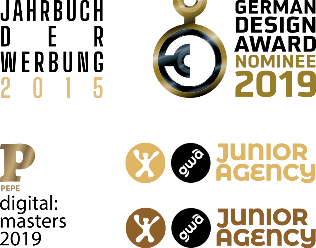 Übersicht der gewonnenen Awards: Jahrbuch der Werbung 2015, German Design Award Nominee 2019, PEPE digital masters 2019 und GWA Junior Agency Gold & Bronze